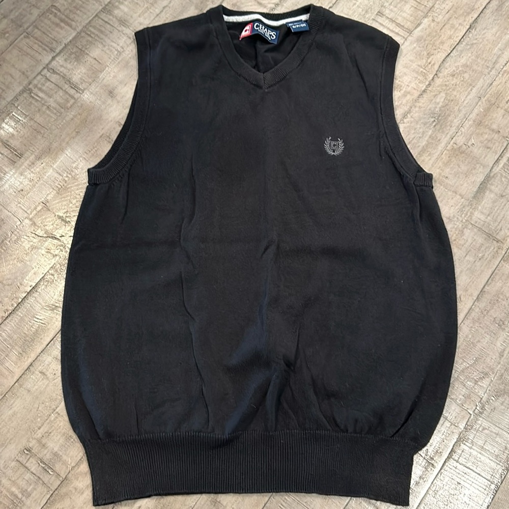 CHAPS SWEATER VEST Black 100% Cotton V-Neck Ribbed Bottom Hem Size Small